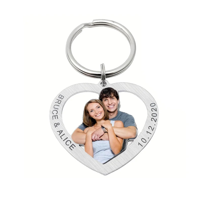 Porte-clés cœur personnalisé avec photo gravée recto-verso – Cadeau couple et famille