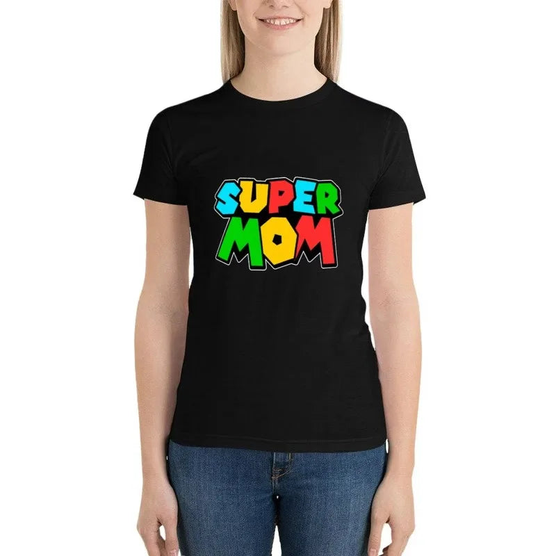 T-shirt femme "Super Mom", "Super maman" imprimé cartoon – Top casual manches courtes