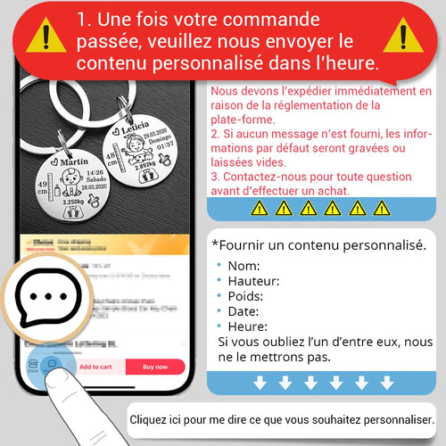 Porte-clés naissance personnalisé – Prénom, date, poids et taille de bébé