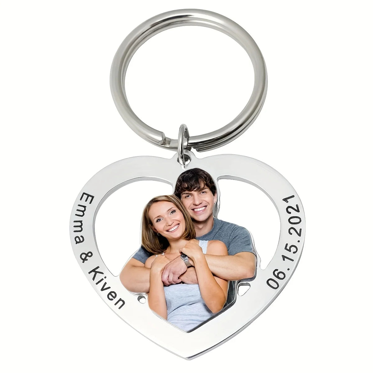 Porte-clés cœur personnalisé avec photo gravée recto-verso – Cadeau couple et famille