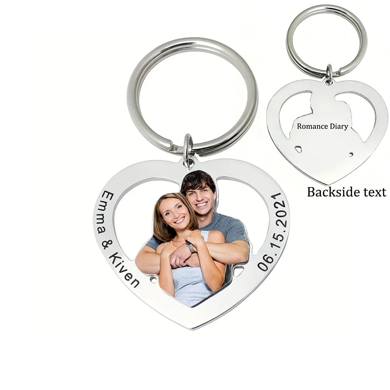 Porte-clés cœur personnalisé avec photo gravée recto-verso – Cadeau couple et famille