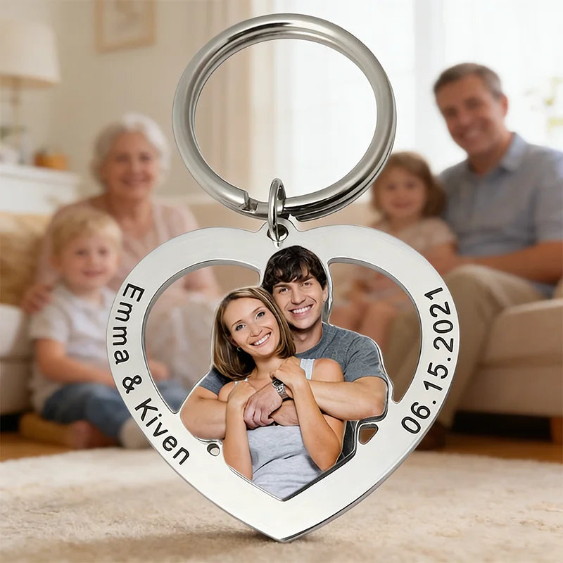 Porte-clés cœur personnalisé avec photo gravée recto-verso – Cadeau couple et famille