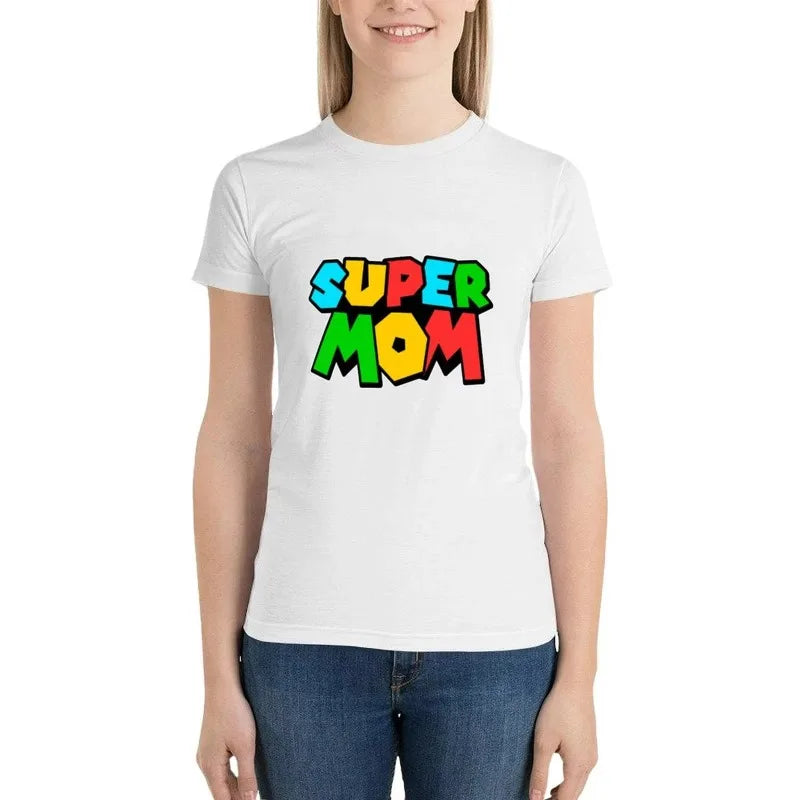 T-shirt femme "Super Mom", "Super maman" imprimé cartoon – Top casual manches courtes