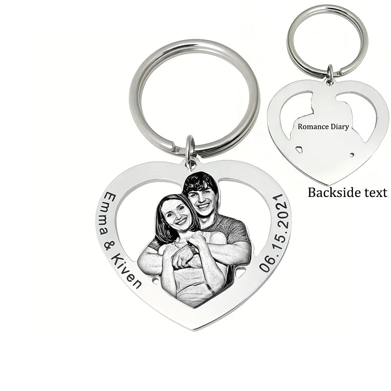 Porte-clés cœur personnalisé avec photo gravée recto-verso – Cadeau couple et famille