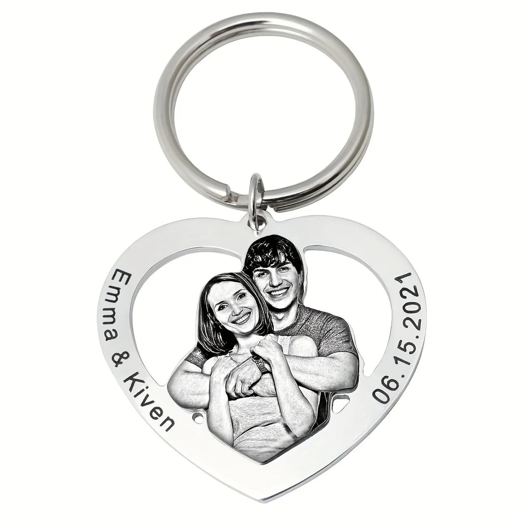 Porte-clés cœur personnalisé avec photo gravée recto-verso – Cadeau couple et famille