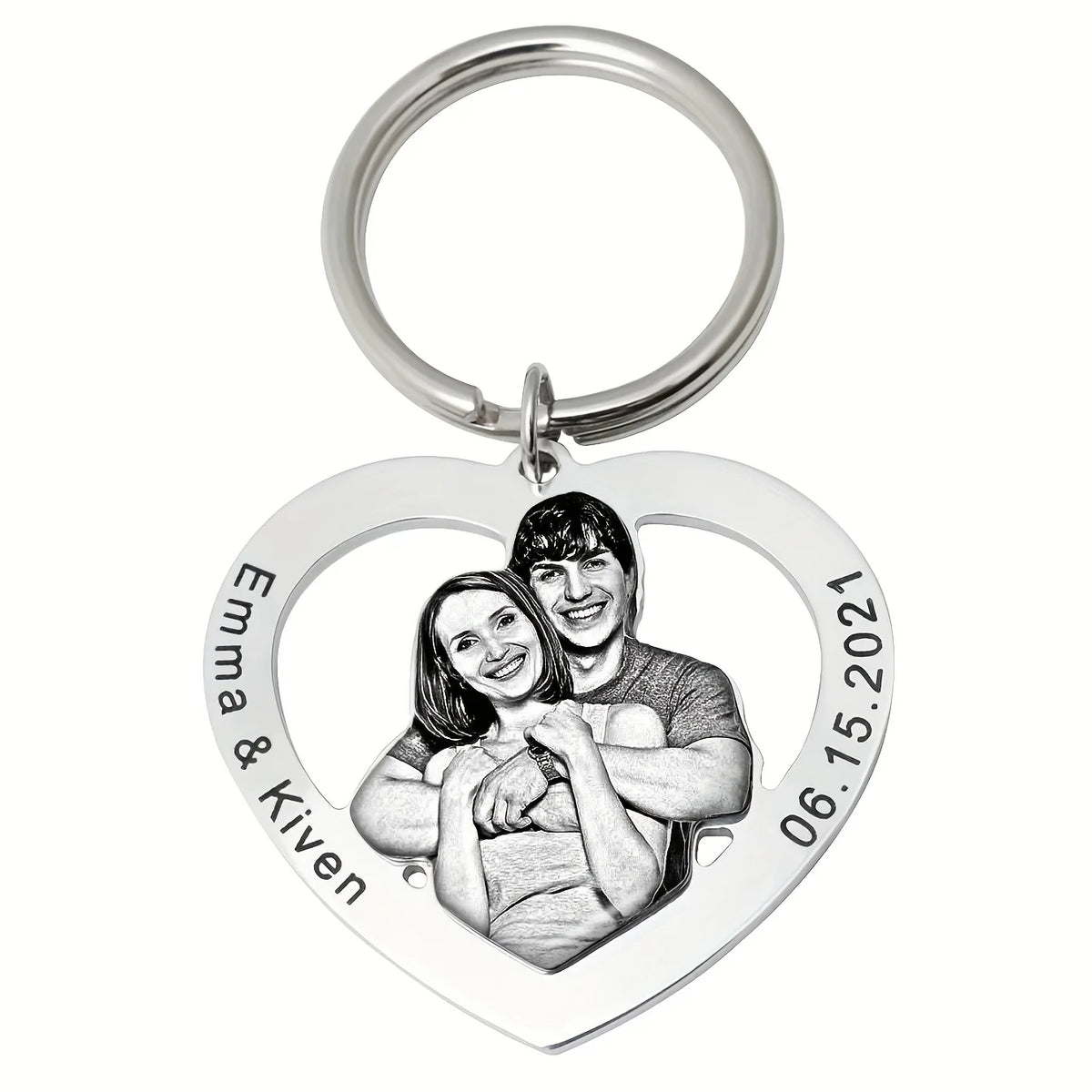 Porte-clés cœur personnalisé avec photo gravée recto-verso – Cadeau couple et famille