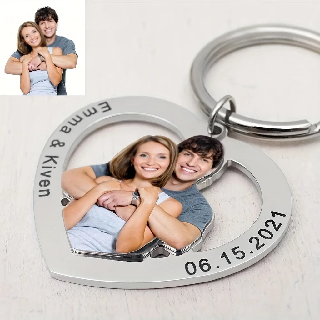 Porte-clés cœur personnalisé avec photo gravée recto-verso – Cadeau couple et famille