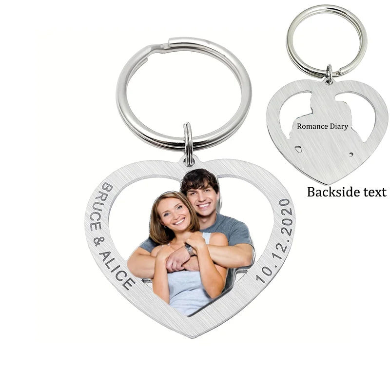 Porte-clés cœur personnalisé avec photo gravée recto-verso – Cadeau couple et famille