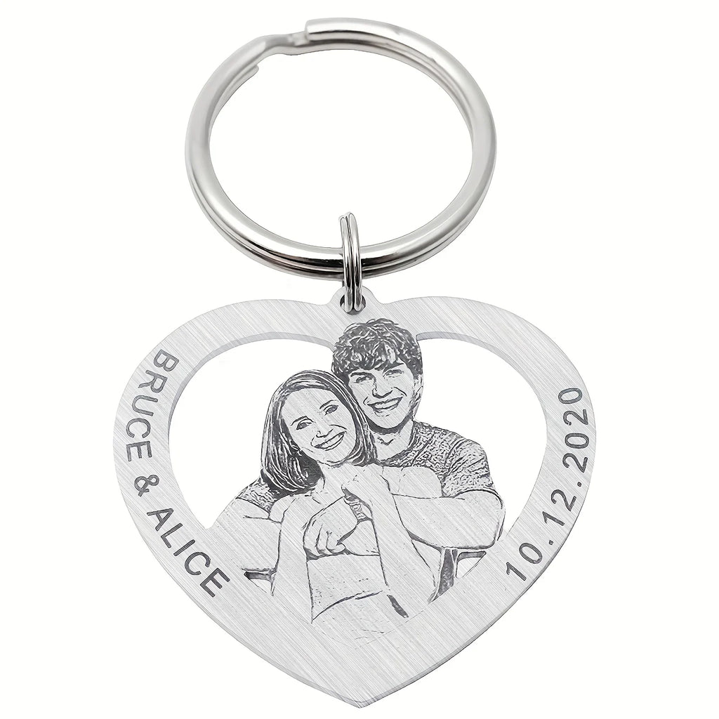 Porte-clés cœur personnalisé avec photo gravée recto-verso – Cadeau couple et famille