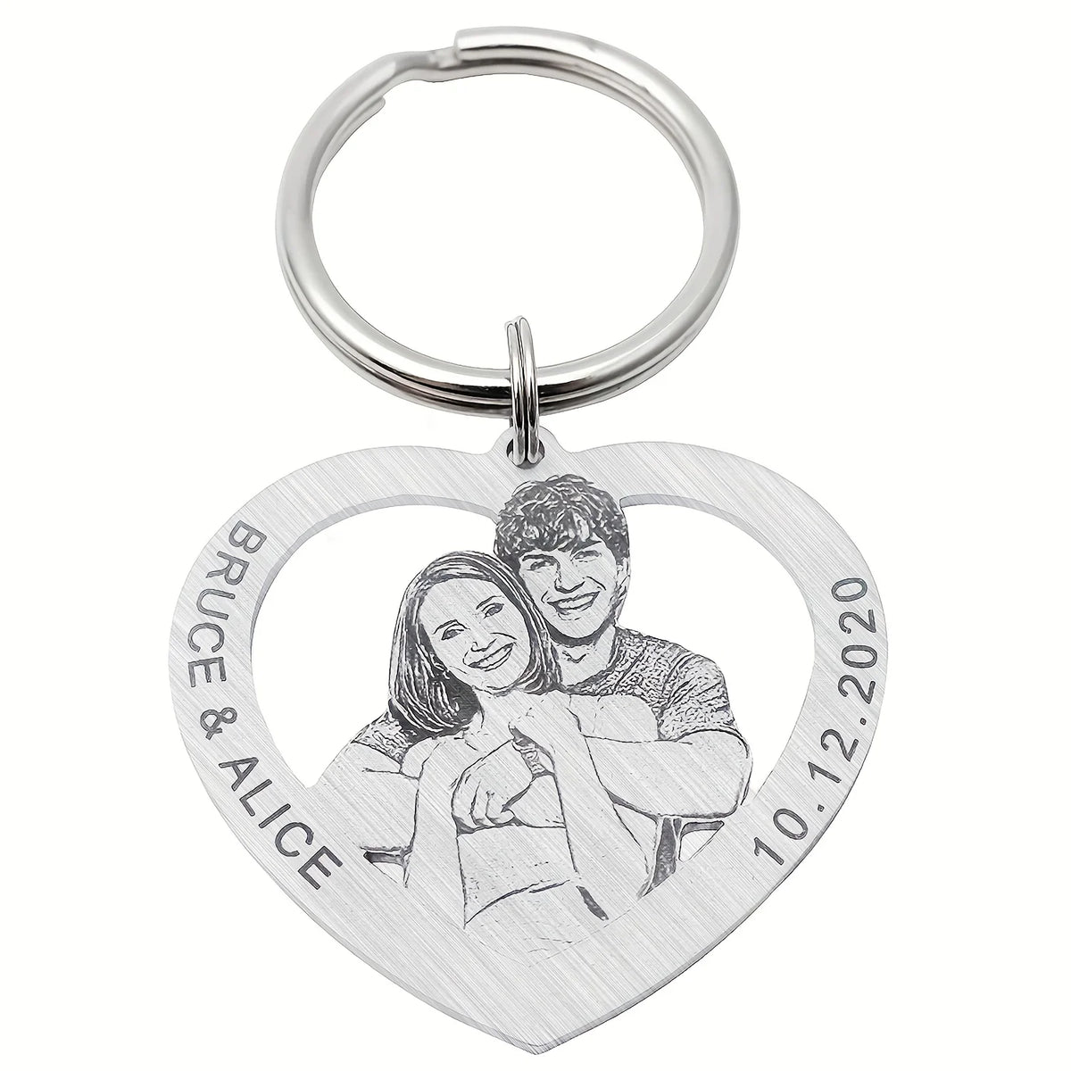 Porte-clés cœur personnalisé avec photo gravée recto-verso – Cadeau couple et famille