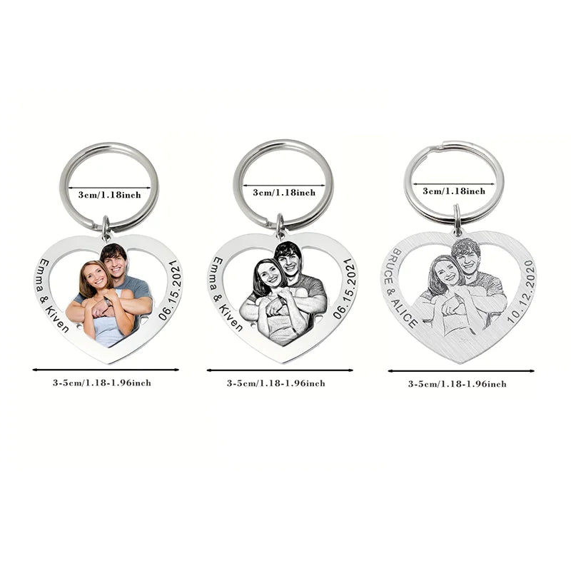 Porte-clés cœur personnalisé avec photo gravée recto-verso – Cadeau couple et famille