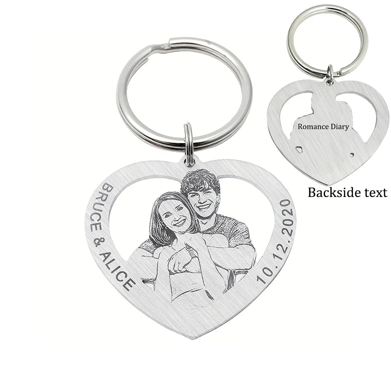 Porte-clés cœur personnalisé avec photo gravée recto-verso – Cadeau couple et famille